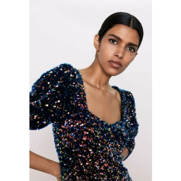ZARA NWT WOMANS MULTICOLORED SEQUIN VELVET PUFF SLEEVE BODYCON MINI DRESS‎ SZ M - Picture 7 of 15